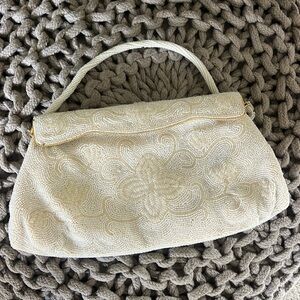 EUC Ivory Italian beaded evening purse with gold detail. Made in Japan. Vintage